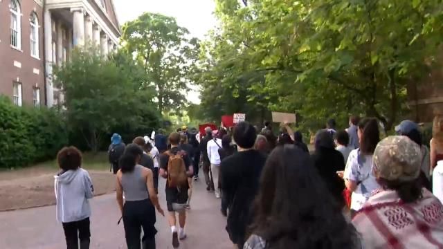 Pro-Palestinian protesters marching at UNC