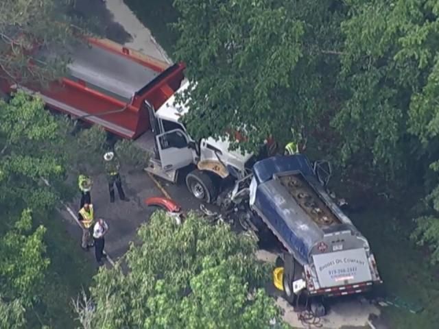 Dump truck, gasoline truck crash head-on in Wake County, crews cleaning up gas spill near Neuse River – WRAL News