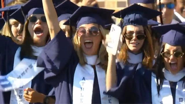 Duke graduates march in commencement ceremony.