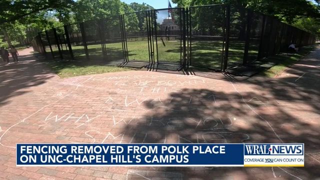 Fencing removed from Polk Place on UNC campus