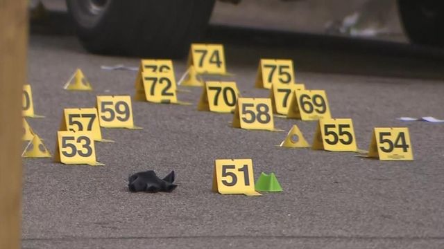 Evidence markers sit on the street after a shooting.