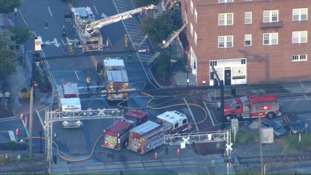 Sky 5 flies over building fire in downtown Sanford