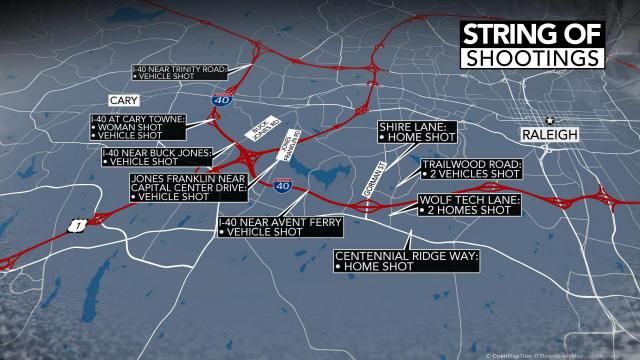Map of shootings along I-40 in Wake County