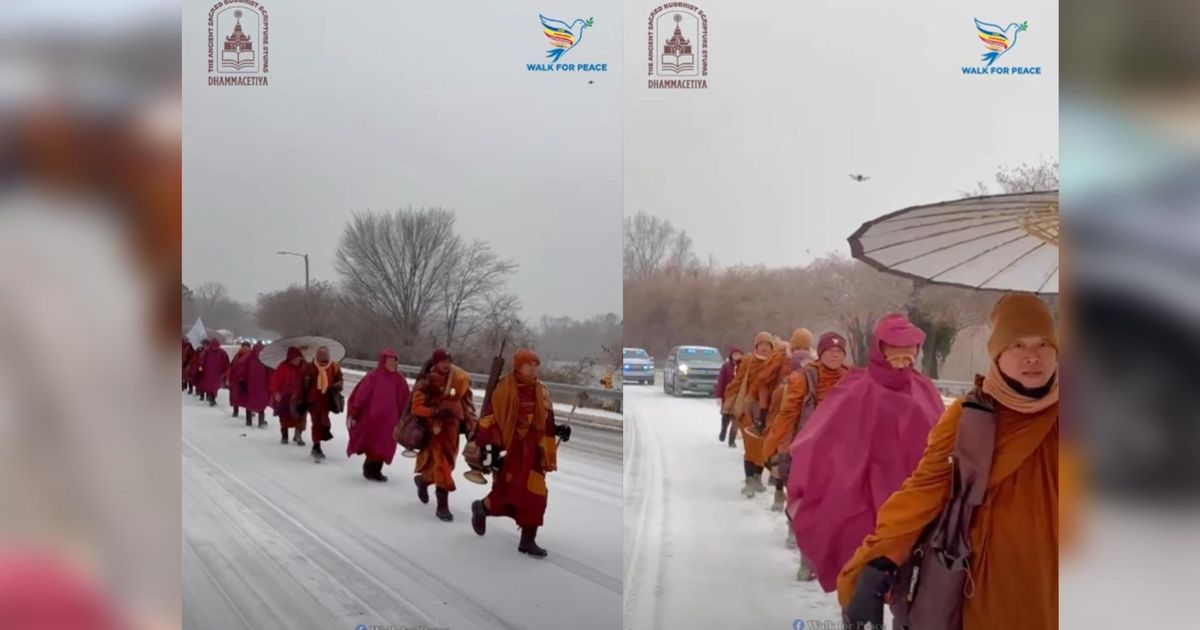 'Walk For Peace': Monks walk in snow, sleet to Raleigh temple before heading to Louisburg