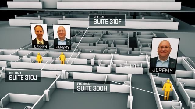 Interactive rendering of offices 300H and 310F where Jeremy Tuchmayer worked and office 310J where Darren Masier worked.
