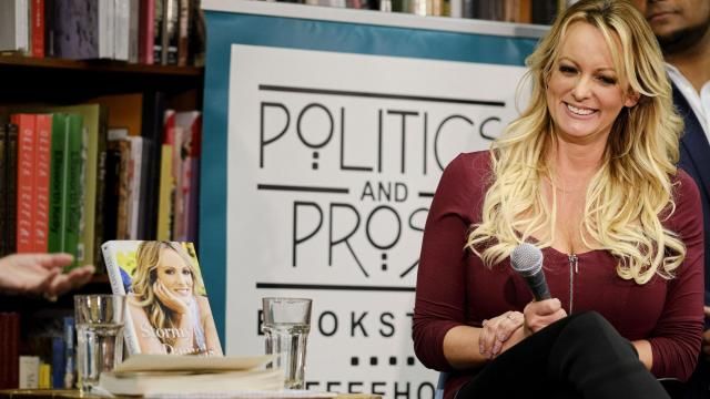 Stormy Daniels as she is interviewed at Politics and Prose in Washington, Dec. 3, 2018. Daniels, a pornographic film actress, was interviewed by the journalist Sally Quinn at the bookstore. (T.J. Kirkpatrick/The New York Times)