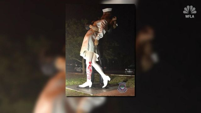 After sailor's death, vandals paint '#MeToo' on kissing statue