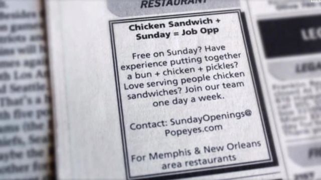 Popeyes trolls Chick-fil-A with job advertisement