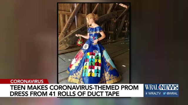 Teen gets crafty with duct tape prom dress with COVID-19 theme