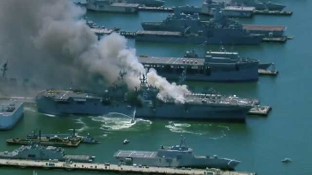 Firefighters work to put out fire on Navy ship in San Diego