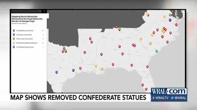 Map shows removed confederate statues