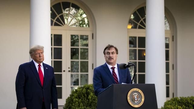 FILE -- Mike Lindell, the chief executive of MyPillow, speaks as President Donald Trump listens during a coronavirus task force briefing at the White House in Washington, March 20, 2020. On Feb. 5, 2021, Lindell, the embattled chief executive of MyPillow who helped finance Trump’s legal efforts to challenge election results, aired a falsehood-laden film about election fraud on One America News. (Al Drago/The New York Times)