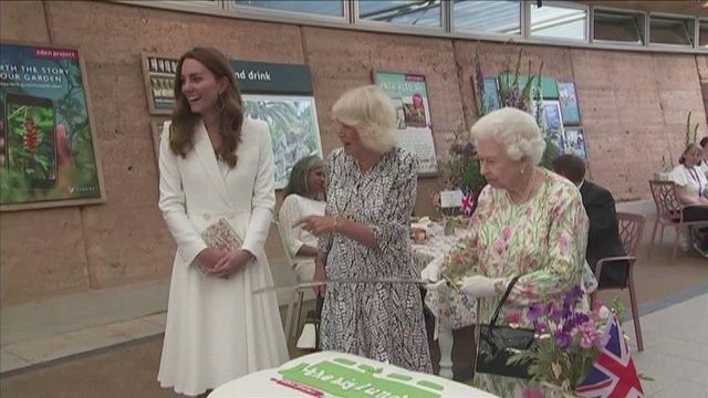Queen Elizabeth cuts cake with sword
