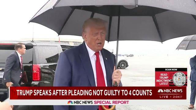 Former President Donald Trump speaks at airport after pleading not guilty to charges he tried to overturn 2020 election