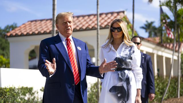 Former President Donald Trump, the presumptive Republican presidential nominee, speaks to reporters alongside his wife, Melania Trump, after voting in the Florida presidential primary at the Morton and Barbara Mandel Recreation Center in Palm Beach, Fla., March, 19, 2024. A case with far-reaching legal and political implications has thrust the Fifth Circuit into the middle of a fierce debate over the extent of federal power over the nation’s borders. (Doug Mills/The New York Times)