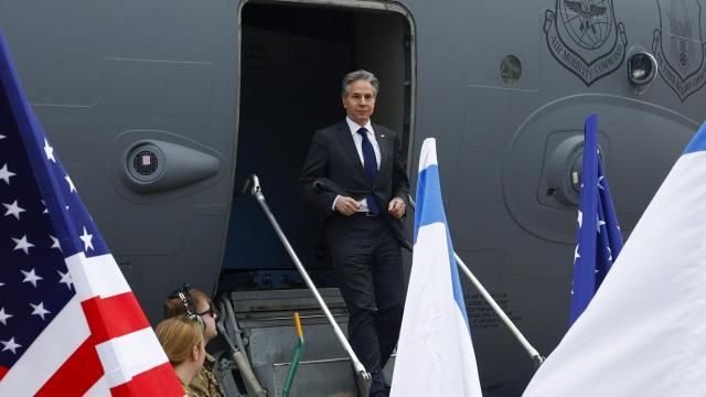 U.S. Secretary of State Antony Blinken disembarks from an aircraft as he arrives in Tel Aviv, Israel, Friday, March 22, 2024. (Evelyn Hockstein/Pool Photo via AP) U.S. Secretary of State Antony Blinken disembarks from an aircraft as he arrives in Tel Aviv, Israel, Friday, March 22, 2024. (Evelyn Hockstein/Pool Photo via AP)