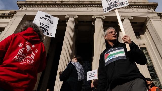 Pro-Palestinian demonstrators participate in a rally in solidarity with Palestine at the Scientists Against Genocide encampment at Massachusetts Institute of Technology in Cambridge, Mass. on May 1, 2024. (Sophie Park/The New York Times)