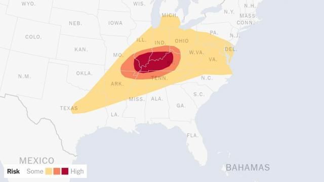A map provided by the National Weather Service shows the forecast risk of tornadoes for Friday, May 16, 2025. A National Weather Service office in Jackson, Ky., one of several left without an overnight forecaster after hundreds of jobs were cut, was scrambling for staffing as severe storms bore down. (National Weather Service via The New York Times) -- NO SALES; EDITORIAL USE ONLY --