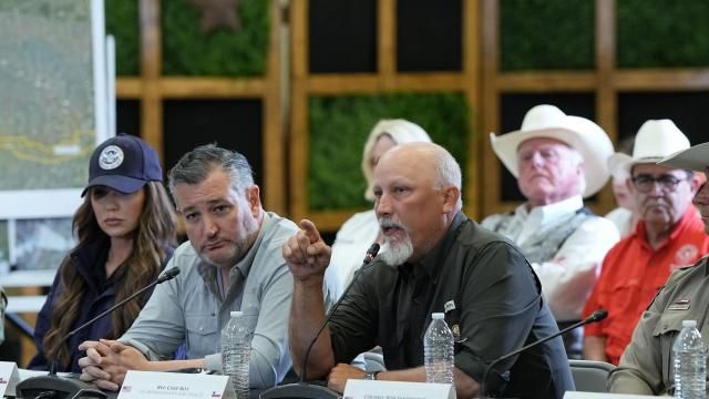 Rep. Chip Roy (R-Texas) and Texas Game Warden Colonel Ron A. VanderRoest in a roundtable with first respondents and local officials in Kerrville, Texas, after the deadly floods claimed at least 120 lives in the area, on Friday, July 11, 2025. (Haiyun Jiang/The New York Times)