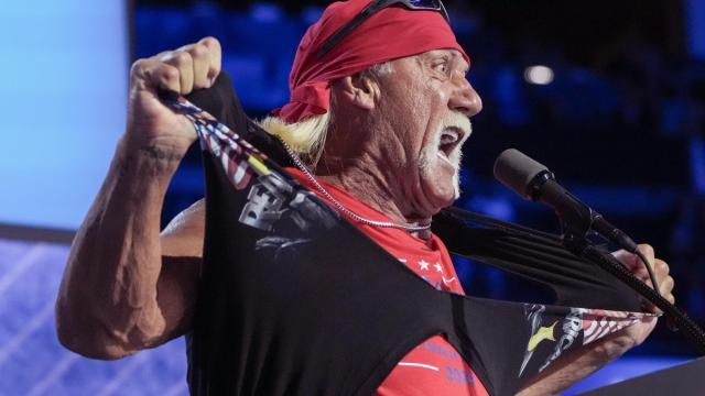 FILE — Hulk Hogan addresses the final night of the Republican National Convention, at Fiserv Forum in Milwaukee, on Thursday, July 18, 2024. Hogan, whose flamboyance and star power helped transform professional wrestling from a low-budget regional attraction into a multibillion dollar industry, has died at 71, the New York Times reported on July 24, 2025. (Todd Heisler/The New York Times)
