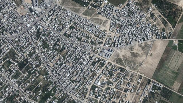 This image provided by Maxar Technologies shows before bombing at the Beit Hanoun neighborhood, northern Gaza, May 1, 2023. (Satellite image ©2023 Maxar Technologies via AP)