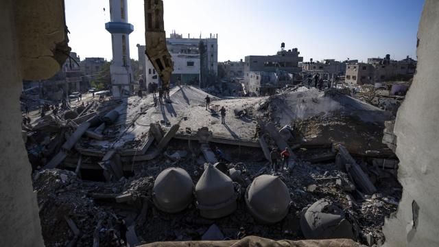 Palestinians look at the destruction after an Israeli strike on residential buildings and a mosque in Rafah, Gaza Strip, Thursday, Feb. 22, 2024. (AP Photo/Fatima Shbair) Palestinians look at the destruction after an Israeli strike on residential buildings and a mosque in Rafah, Gaza Strip, Thursday, Feb. 22, 2024. (AP Photo/Fatima Shbair)