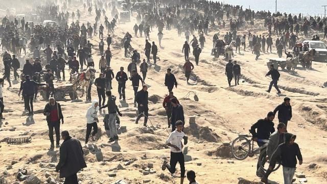 Palestinians wait for humanitarian aid on a beachfront in Gaza City, Gaza Strip, Sunday, Feb. 25, 2024. (AP Photo/Mahmoud Essa) Palestinians wait for humanitarian aid on a beachfront in Gaza City, Gaza Strip, Sunday, Feb. 25, 2024. (AP Photo/Mahmoud Essa)