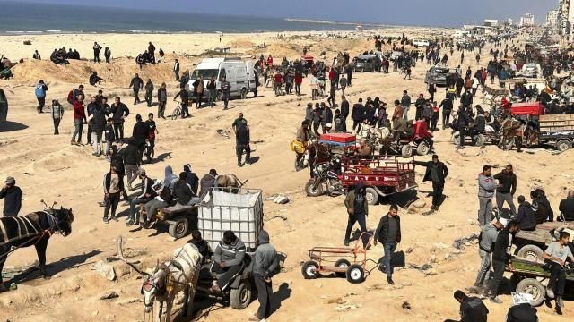 Palestinians wait for humanitarian aid on a beachfront in Gaza City, Gaza Strip, Sunday, Feb. 25, 2024. (AP Photo/Mahmoud Essa) Palestinians wait for humanitarian aid on a beachfront in Gaza City, Gaza Strip, Sunday, Feb. 25, 2024. (AP Photo/Mahmoud Essa)