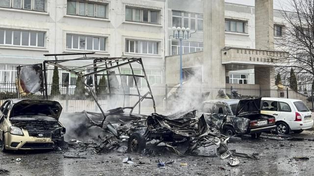 This photo released by Belgorod region governor Vyacheslav Gladkov's telegram channel on Saturday, March 16, 2024, shows broken and burned cars after shelling from the Ukrainian side, in Belgorod, Russia. A Russian regional governor says two people have been killed in Ukrainian shelling of the city of Belgorod, close to the border with Ukraine. Three others were wounded. (Belgorod region governor Vyacheslav Gladkov telegram channel via AP) This photo released by Belgorod region governor Vyacheslav Gladkov's telegram channel on Saturday, March 16, 2024, shows broken and burned cars after shelling from the Ukrainian side, in Belgorod, Russia. A Russian regional governor says two people have been killed in Ukrainian shelling of the city of Belgorod, close to the border with Ukraine. Three others were wounded. (Belgorod region governor Vyacheslav Gladkov telegram channel via AP)