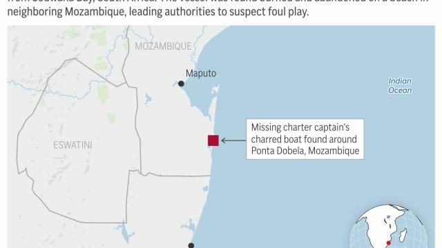 A wrecked boat on a beach in Mozambique has authorities wondering what became of its captain and the man who hired him for a cruise from a South African port on Saturday. (AP Graphic)