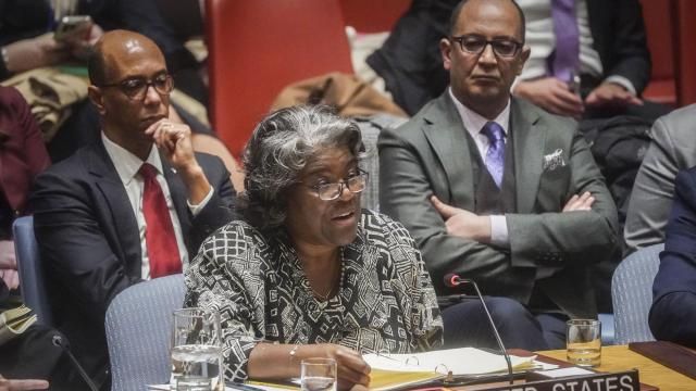 FILE- U.S. United Nations Ambassador Linda Thomas-Greenfield, center, addresses a meeting of the United Nations Security Council on the war in Gaza, on March 11, 2024, at U.N. headquarters. The United Nations Security Council is set to vote on a United States-sponsored resolution declaring that "an immediate and sustained cease-fire" in the Israel-Hamas war in Gaza is "imperative" to protect civilians and enable humanitarian aid to be delivered to more than 2 million hungry Palestinians. (AP Photo/Bebeto Matthews, File) FILE- U.S. United Nations Ambassador Linda Thomas-Greenfield, center, addresses a meeting of the United Nations Security Council on the war in Gaza, on March 11, 2024, at U.N. headquarters. The United Nations Security Council is set to vote on a United States-sponsored resolution declaring that "an immediate and sustained cease-fire" in the Israel-Hamas war in Gaza is "imperative" to protect civilians and enable humanitarian aid to be delivered to more than 2 million hungry Palestinians. (AP Photo/Bebeto Matthews, File)