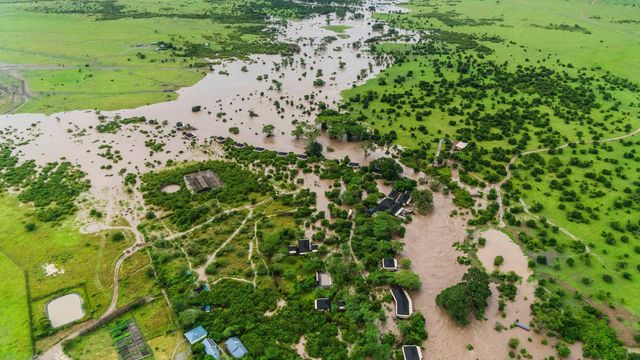 An aerial view of the flooded Maasai Mara National Reserve in Kenya on May 1. (Bobby Neptune/AP via CNN Newsource)