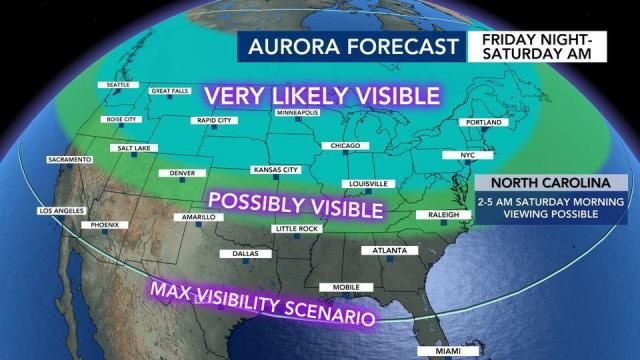 Solar storms could create rare aurora displays and be visible in North Carolina during the early morning hours of May 11, 2024.