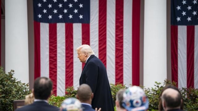 FILE — President Donald Trump leaves after announcing major tariffs on most countries in the world in the Rose Garden of the White House in Washington, April 2, 2025. Trump’s focus on trade imbalances could impel some nations to buy more American oil and gas, which would damage Russia’s position in the energy market. (Haiyun Jiang/The New York Times)