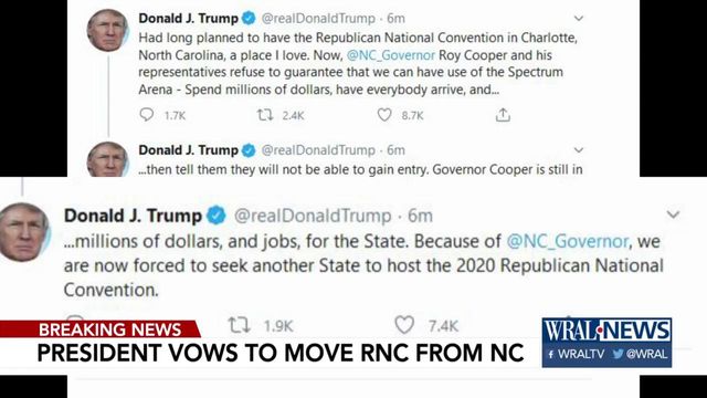 President Trump says RNC will be moved from Charlotte