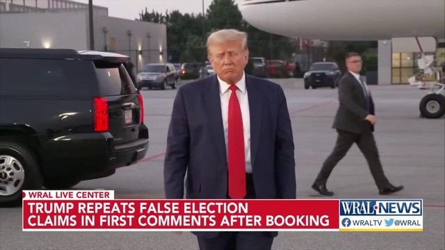 Donald Trump repeats false election claims in first comments since booking at Fulton County Jail