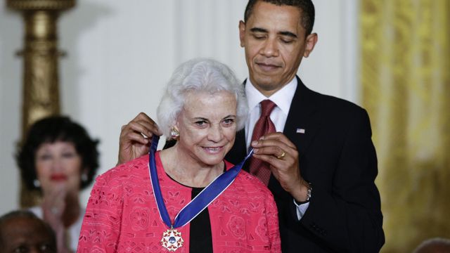 FILE - President Barack Obama presents the 2009 Presidential Medal of Freedom to Sandra Day O'Connor, Aug. 12, 2009. O'Connor, who joined the Supreme Court in 1981 as the nation's first female justice, has died at age 93. (AP Photo/J. Scott Applewhite, File)