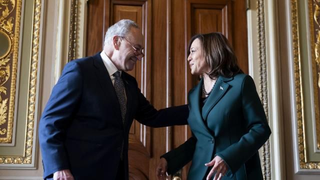 Senate Majority Leader Sen. Chuck Schumer, D-N.Y., talks with Vice President Kamala Harris after presenting Harris with a golden gavel after she cast the 32nd tie-breaking vote in the Senate, the most ever cast by a vice president, Tuesday, Dec. 5, 2023, on Capitol Hill in Washington. (AP Photo/Stephanie Scarbrough)
