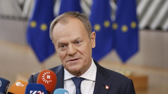 Poland's Prime Minister Donald Tusk talks to journalists as he arrives for an EU summit in Brussels, Thursday, Feb. 1, 2024. European Union leaders meet in Brussels for a one day summit to discuss the revision of the Multiannual Financial Framework 2021-2027, including support for Ukraine. (AP Photo/Omar Havana) Poland's Prime Minister Donald Tusk talks to journalists as he arrives for an EU summit in Brussels, Thursday, Feb. 1, 2024. European Union leaders meet in Brussels for a one day summit to discuss the revision of the Multiannual Financial Framework 2021-2027, including support for Ukraine. (AP Photo/Omar Havana)