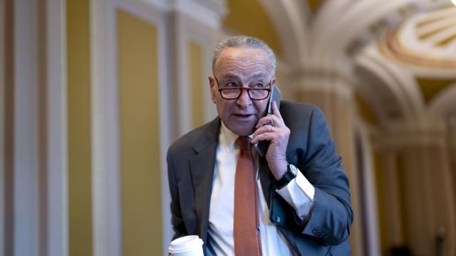 Senate Majority Leader Chuck Schumer, D-N.Y., arrives at the Capitol while Republicans hold a closed-door meeting after blocking a bipartisan border package that had been tied to wartime aid for Ukraine, at the Capitol in Washington, Thursday, Feb. 8, 2024. (AP Photo/J. Scott Applewhite) Senate Majority Leader Chuck Schumer, D-N.Y., arrives at the Capitol while Republicans hold a closed-door meeting after blocking a bipartisan border package that had been tied to wartime aid for Ukraine, at the Capitol in Washington, Thursday, Feb. 8, 2024. (AP Photo/J. Scott Applewhite)