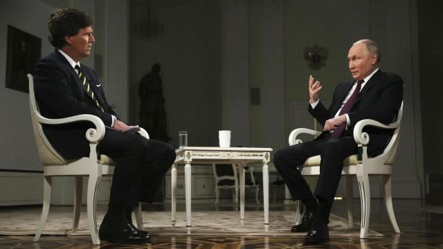 In this photo released by Sputnik news agency on Friday, Feb. 9, 2024, Russian President Vladimir Putin, right, gestures as he speaks during an interview with former Fox News host Tucker Carlson at the Kremlin in Moscow, Russia, Tuesday, Feb. 6, 2024. (Gavriil Grigorov, Sputnik, Kremlin Pool Photo via AP) In this photo released by Sputnik news agency on Friday, Feb. 9, 2024, Russian President Vladimir Putin, right, gestures as he speaks during an interview with former Fox News host Tucker Carlson at the Kremlin in Moscow, Russia, Tuesday, Feb. 6, 2024. (Gavriil Grigorov, Sputnik, Kremlin Pool Photo via AP)