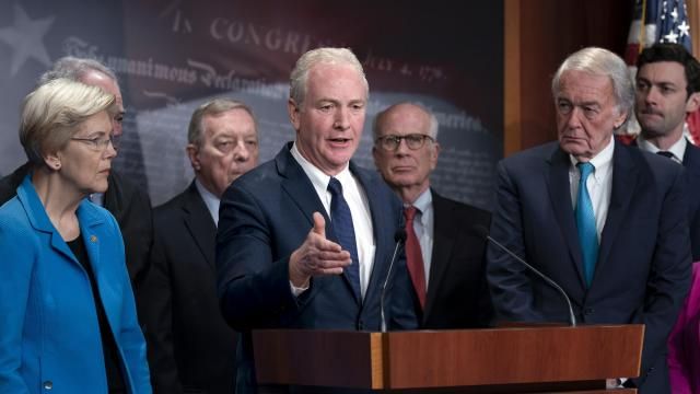 Sen. Chris Van Hollen, D-Md., center, is joined by fellow Democrats as they discuss a national security memorandum with the Biden administration aimed at ensuring all weapons acquired through U.S. security assistance is used in line with international law, including international humanitarian law, at the Capitol in Washington, Friday, Feb. 9, 2024. Van Hollen is joined by, from left, Sen. Elizabeth Warren, D-Mass., Sen. Dick Durbin, D-Ill., Sen. Peter Welch, D-Vt., Sen. Ed Markey, D-Mass., and Sen. Jon Ossoff, D-Ga. (AP Photo/J. Scott Applewhite) Sen. Chris Van Hollen, D-Md., center, is joined by fellow Democrats as they discuss a national security memorandum with the Biden administration aimed at ensuring all weapons acquired through U.S. security assistance is used in line with international law, including international humanitarian law, at the Capitol in Washington, Friday, Feb. 9, 2024. Van Hollen is joined by, from left, Sen. Elizabeth Warren, D-Mass., Sen. Dick Durbin, D-Ill., Sen. Peter Welch, D-Vt., Sen. Ed Markey, D-Mass., and Sen. Jon Ossoff, D-Ga. (AP Photo/J. Scott Applewhite)