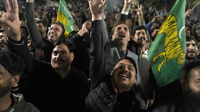 Supporters of Former Prime Minister Nawaz Sharif' party 'Pakistan Muslim League-N' celebrate their party victory in the initial results of the country's parliamentary election, in Lahore, Pakistan, Friday, Feb. 9, 2024. (AP Photo/K.M. Chaudary) Supporters of Former Prime Minister Nawaz Sharif' party 'Pakistan Muslim League-N' celebrate their party victory in the initial results of the country's parliamentary election, in Lahore, Pakistan, Friday, Feb. 9, 2024. (AP Photo/K.M. Chaudary)