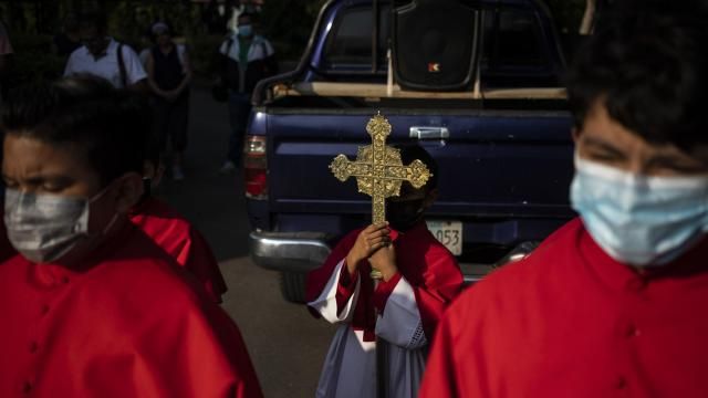 FILE - Catholics take part in a reenactment of the Stations of the Cross during the Lenten season at the Metropolitan Cathedral in Managua, Nicaragua, Friday, March 17, 2023. Amid tensions between the Vatican and the Daniel Ortega government, Catholics staged the devotional commemoration of Jesus Christ's last day on Earth in the gardens of the Cathedral due to the police ban on celebrating religious festivities on the streets. Nineteen priests kicked out of the country, dozens of incidents of harassment and church desecrations, rural areas lacking worship and social services – the situation for Catholic clergy and faithful in Nicaragua is only worsening in 2024, according to exiled priests, laypeople in the Central American country and human rights advocates. (AP Photo/Inti Ocon, File) FILE - Catholics take part in a reenactment of the Stations of the Cross during the Lenten season at the Metropolitan Cathedral in Managua, Nicaragua, Friday, March 17, 2023. Amid tensions between the Vatican and the Daniel Ortega government, Catholics staged the devotional commemoration of Jesus Christ's last day on Earth in the gardens of the Cathedral due to the police ban on celebrating religious festivities on the streets. Nineteen priests kicked out of the country, dozens of incidents of harassment and church desecrations, rural areas lacking worship and social services – the situation for Catholic clergy and faithful in Nicaragua is only worsening in 2024, according to exiled priests, laypeople in the Central American country and human rights advocates. (AP Photo/Inti Ocon, File)
