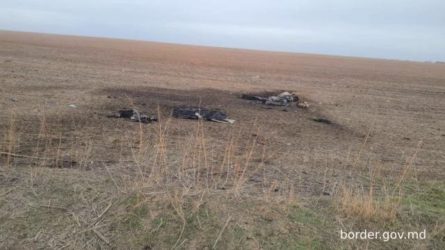 This image released by Moldova's Border Police on Sunday, Feb. 11, 2024, shows, according to the official statement, remains of a Shahed-type drone that crashed near the Etulia, Moldova, near the Moldova-Ukraine border and in the general area of the the Ukrainian Danube port of Ismail. The port was the target of a Russian air-strike in the early hours of Feb. 10. (Moldovan Border Police via AP) This image released by Moldova's Border Police on Sunday, Feb. 11, 2024, shows, according to the official statement, remains of a Shahed-type drone that crashed near the Etulia, Moldova, near the Moldova-Ukraine border and in the general area of the the Ukrainian Danube port of Ismail. The port was the target of a Russian air-strike in the early hours of Feb. 10. (Moldovan Border Police via AP)
