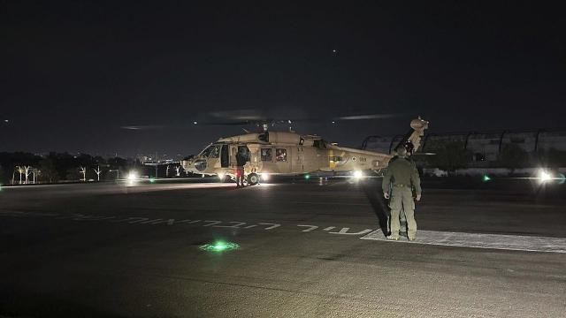 In this photo provided by the Israeli military, shows an Israeli Air Force helicopter carrying two released hostages, at Sheba Medical Center in Ramat Gan, Israel, Monday, Feb, 12. 2024. The Israeli military said early Monday that it had rescued two hostages from captivity in the Gaza Strip. It said the two men were rescued in the southern Gaza town of Rafah and were in good condition at an Israeli hospital. (Israel Defense Forces via AP) In this photo provided by the Israeli military, shows an Israeli Air Force helicopter carrying two released hostages, at Sheba Medical Center in Ramat Gan, Israel, Monday, Feb, 12. 2024. The Israeli military said early Monday that it had rescued two hostages from captivity in the Gaza Strip. It said the two men were rescued in the southern Gaza town of Rafah and were in good condition at an Israeli hospital. (Israel Defense Forces via AP)