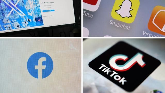 FILE - This combination of photos shows logos of X, formerly known as Twitter, top left; Snapchat, top right; Facebook, bottom left; and TikTok, bottom right. A federal judge extended a block on enforcement Monday, Feb. 12, 2024, of an Ohio law that would require children under 16 to get parental consent to use social media apps as a legal challenge proceeds. (AP Photo, File)