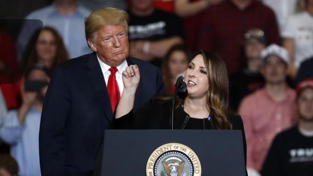 FILE - President Donald Trump listens as Republican National Committee chair Ronna McDaniel, right, speaks during a campaign rally Nov. 5, 2018, in Cape Girardeau, Mo. Trump is calling for a leadership change at the RNC in an attempt to install a new slate of loyalists, including his daughter-in-law, at the top of the GOP's political machine even before he formally secures the party's next presidential nomination. Trump outlined his plans on social media Monday night, Feb. 12, 2024.(AP Photo/Jeff Roberson, File) FILE - President Donald Trump listens as Republican National Committee chair Ronna McDaniel, right, speaks during a campaign rally Nov. 5, 2018, in Cape Girardeau, Mo. Trump is calling for a leadership change at the RNC in an attempt to install a new slate of loyalists, including his daughter-in-law, at the top of the GOP's political machine even before he formally secures the party's next presidential nomination. Trump outlined his plans on social media Monday night, Feb. 12, 2024.(AP Photo/Jeff Roberson, File)