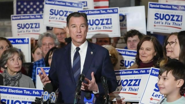 Former U.S. Rep. Tom Suozzi speaks during a campaign canvass kick off event, Sunday, Feb. 11, 2024, in Plainview N.Y. The race to replace disgraced former Rep. George Santos pits Democrat congressional candidate Suozzi against Republican Mazi Pilip in New York's 3rd district. (AP Photo/Mary Altaffer) Former U.S. Rep. Tom Suozzi speaks during a campaign canvass kick off event, Sunday, Feb. 11, 2024, in Plainview N.Y. The race to replace disgraced former Rep. George Santos pits Democrat congressional candidate Suozzi against Republican Mazi Pilip in New York's 3rd district. (AP Photo/Mary Altaffer)