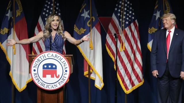 FILE - Former President Donald Trump, right, listens as his daughter-in-law Lara Trump speaks at the North Carolina Republican Convention, June 5, 2021, in Greenville, N.C. Donald Trump is calling for a shakeup at the highest levels of the Republican National Committee. And party leaders are taking it very seriously. (AP Photo/Chris Seward, Fike) FILE - Former President Donald Trump, right, listens as his daughter-in-law Lara Trump speaks at the North Carolina Republican Convention, June 5, 2021, in Greenville, N.C. Donald Trump is calling for a shakeup at the highest levels of the Republican National Committee. And party leaders are taking it very seriously. (AP Photo/Chris Seward, Fike)